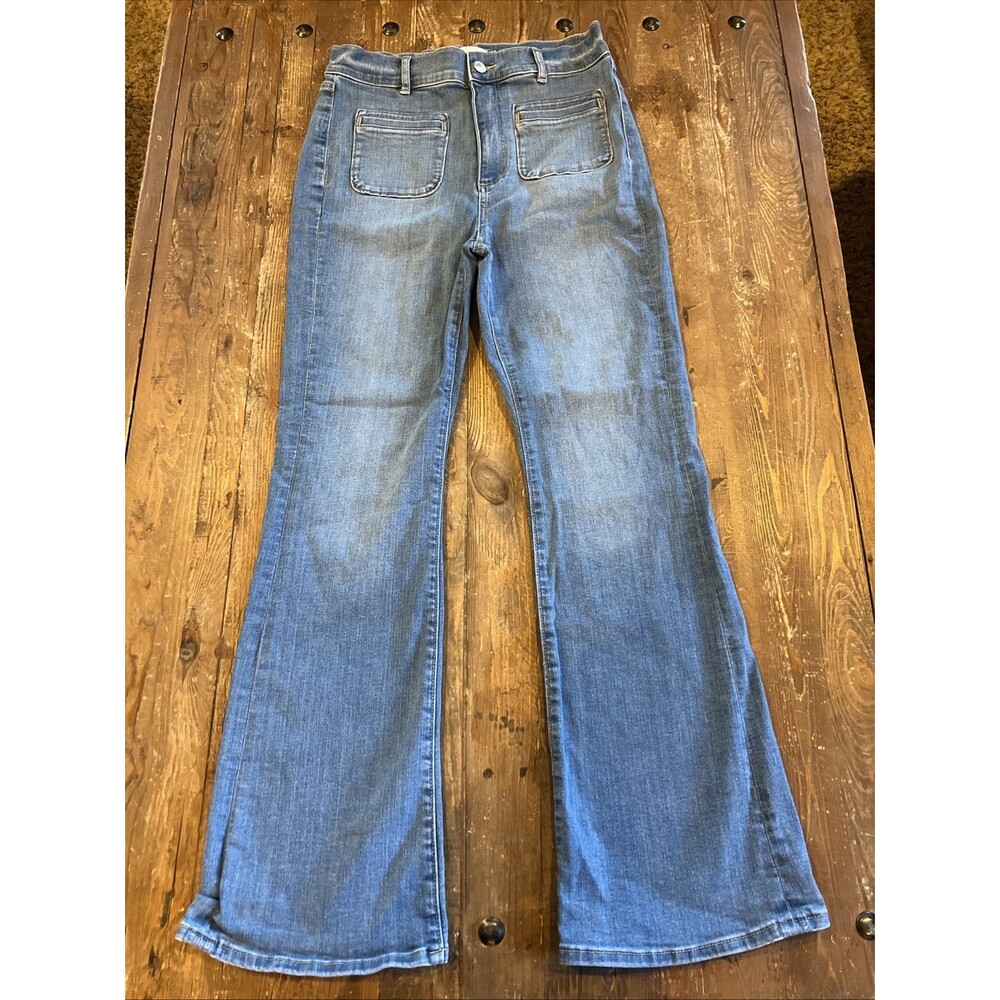 LOFT Welt Patch Pocket High Rise Slim Flare Jeans In Luxe Med Wash Sz 28 (6)